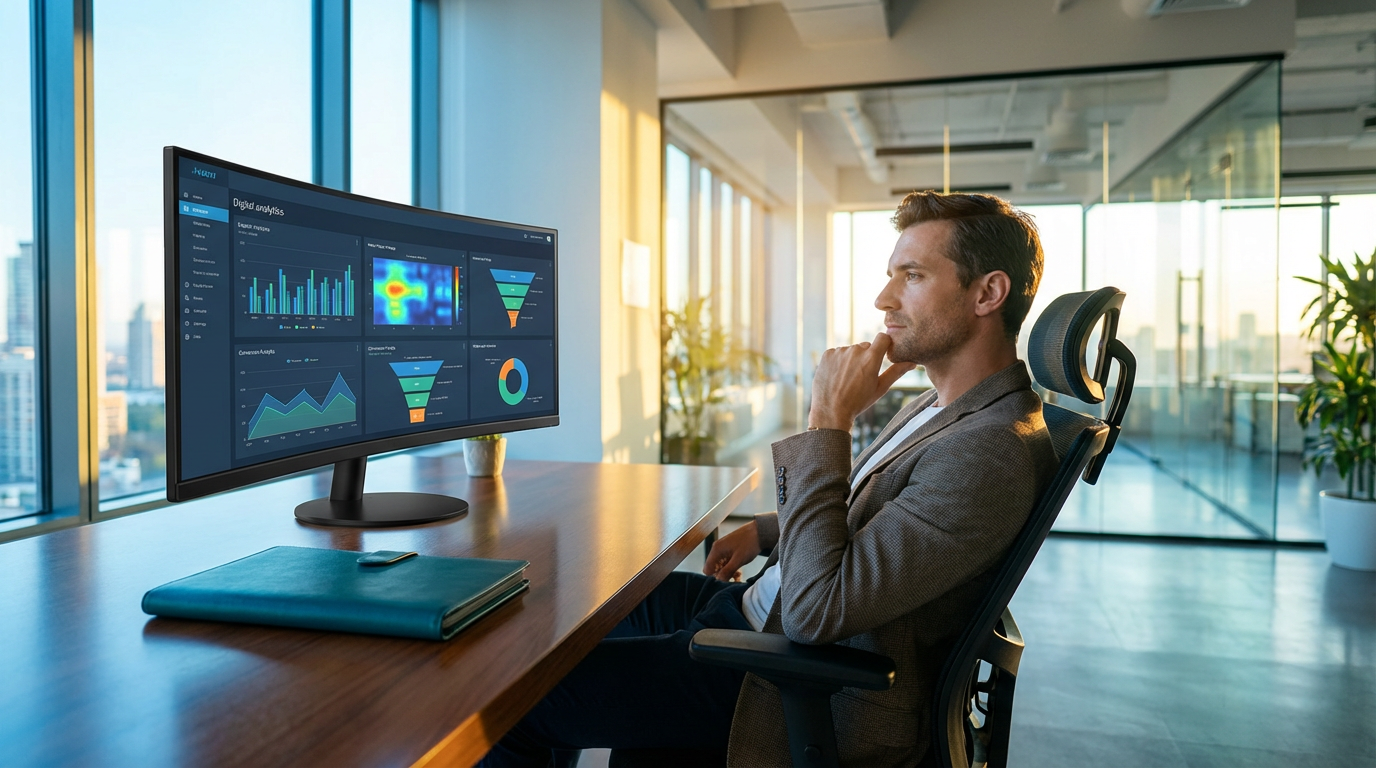 A person in a professional office points to data visualizations on a monitor while taking notes in a notebook.