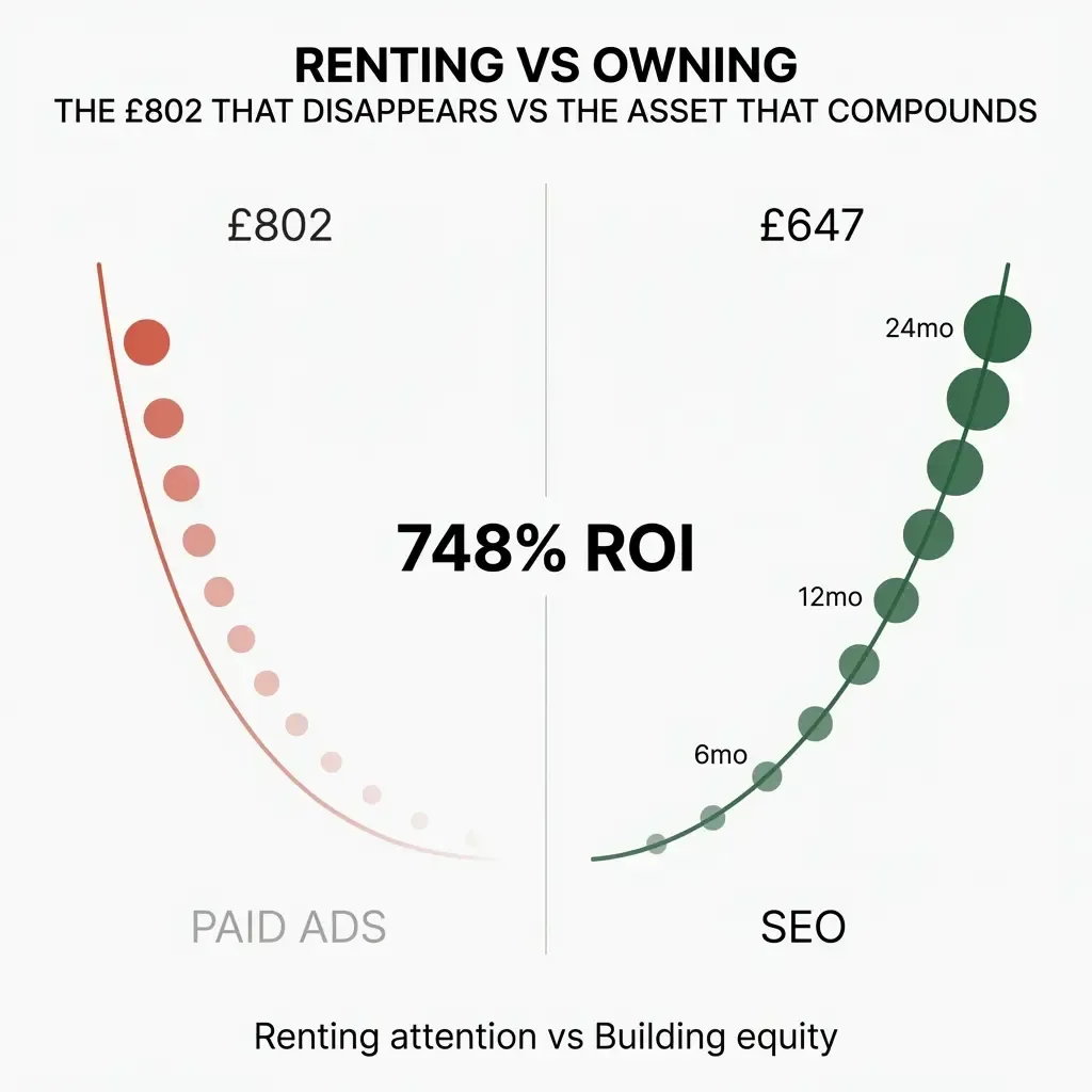 Paid SEO Organic SEO  chart showing the ROI of organic SEO
