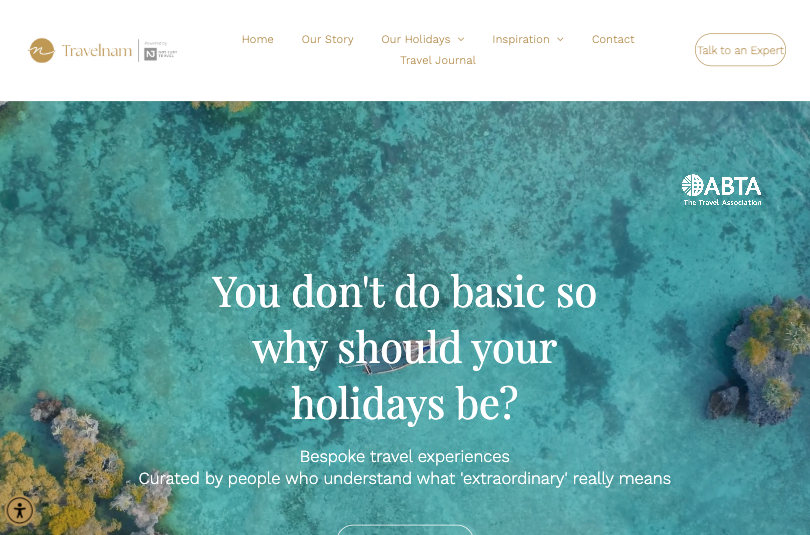 Website homepage: Travelnam.co.uk luxury travel agents