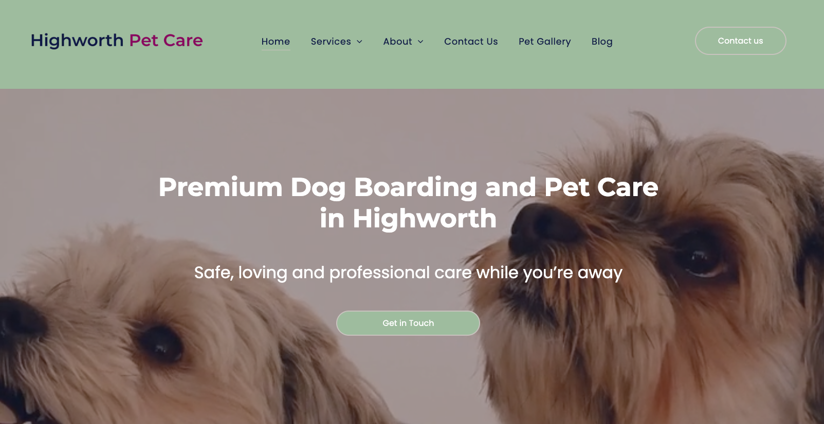 Highworth pet Care website homepage showing 2 dogs looking upwards