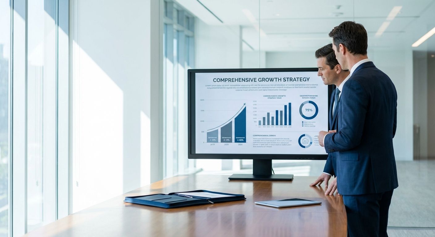 Two men in suits analyzing financial graphs on a large screen in a bright office.