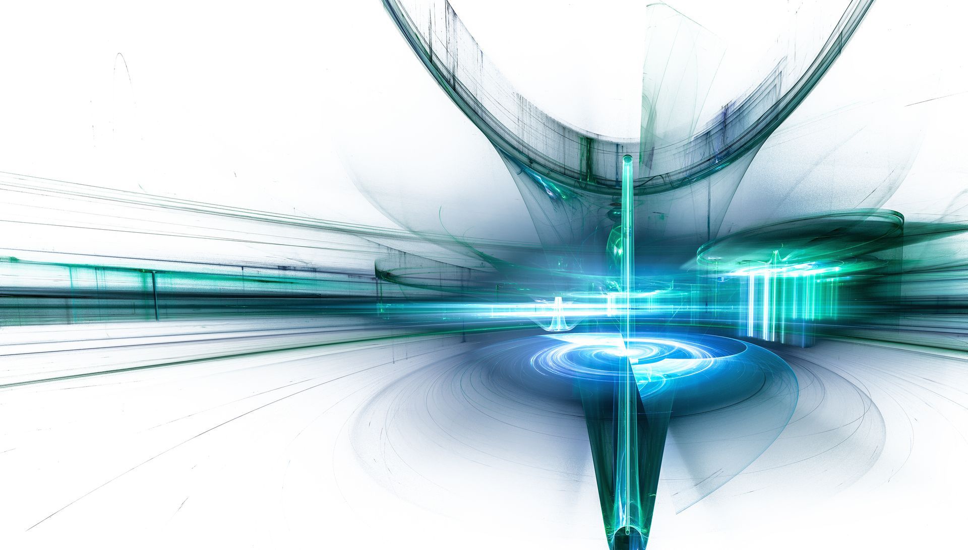 Abstract blue and teal geometric design with radiating lines and glowing central point.