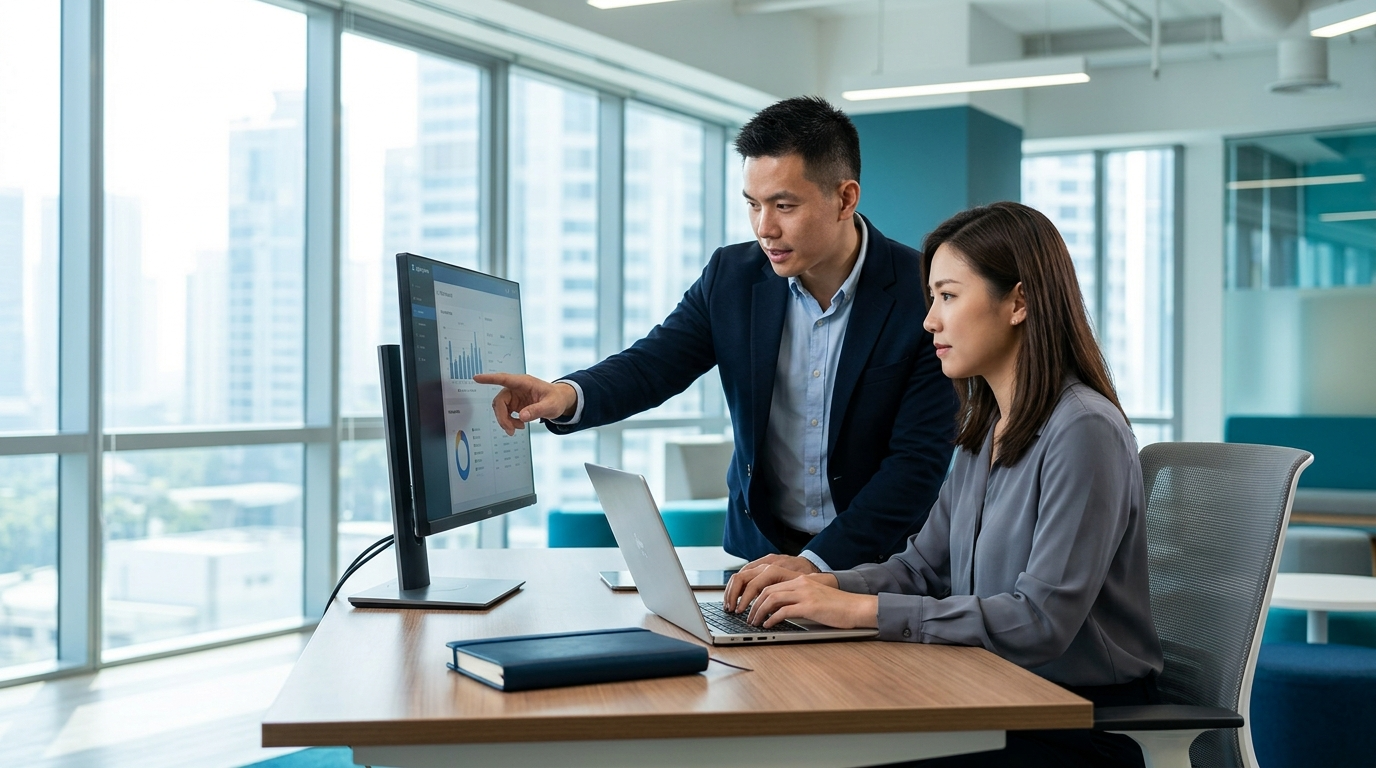 Two colleagues collaborate in a modern office, pointing at a computer screen showing data charts.
