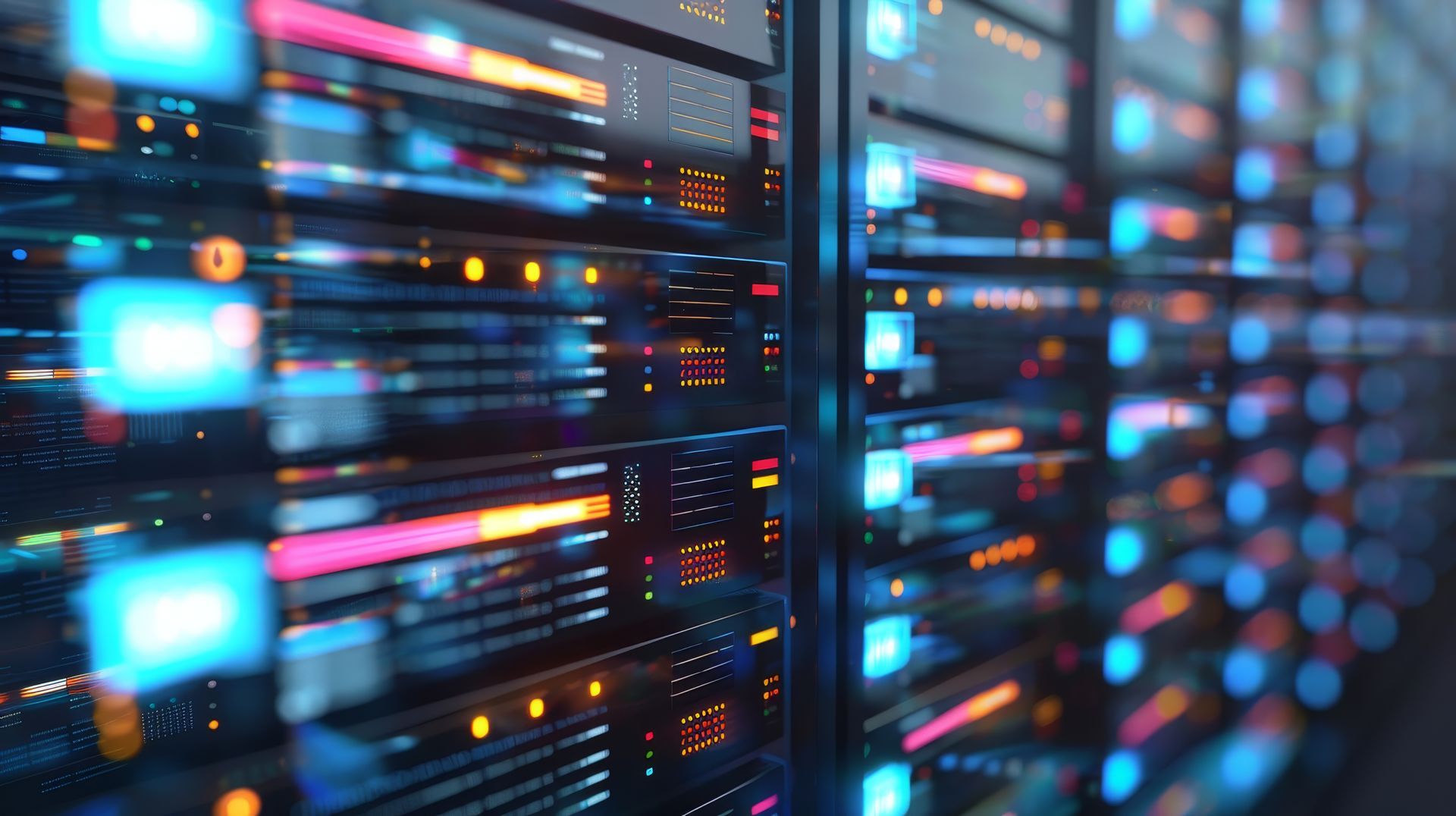 Server racks with blinking lights in a data center.