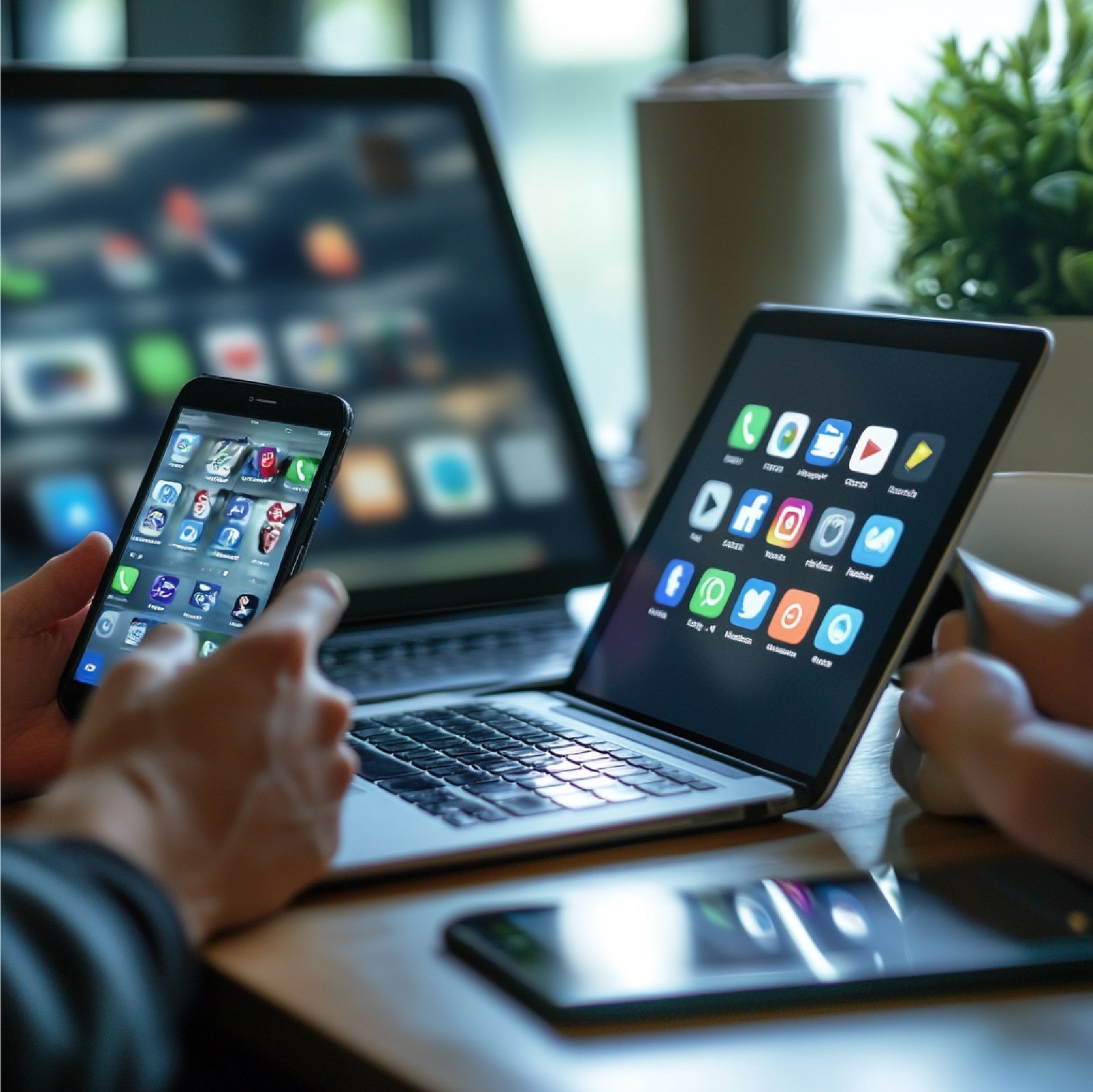 a picture showing  a person at a desk with websites and apps 
