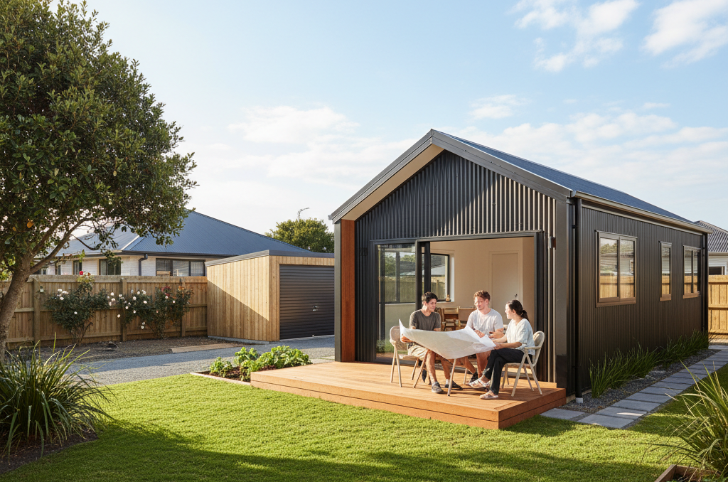People seated at a table on a deck in front of a dark, corrugated-metal building; grassy yard, sunny day.