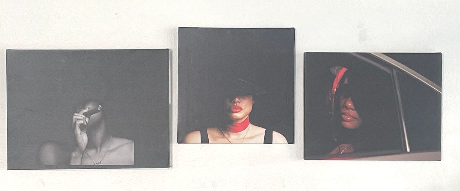 Three paintings of a woman with red lips are hanging on a wall. Villa Shurielle, Profile portrait art, black and white, artistic