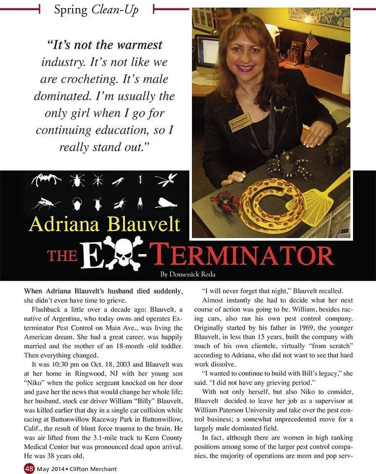 Woman, Adriana Blauvelt, featured in an article, sits at a desk, with crochet work and a quote about her industry.