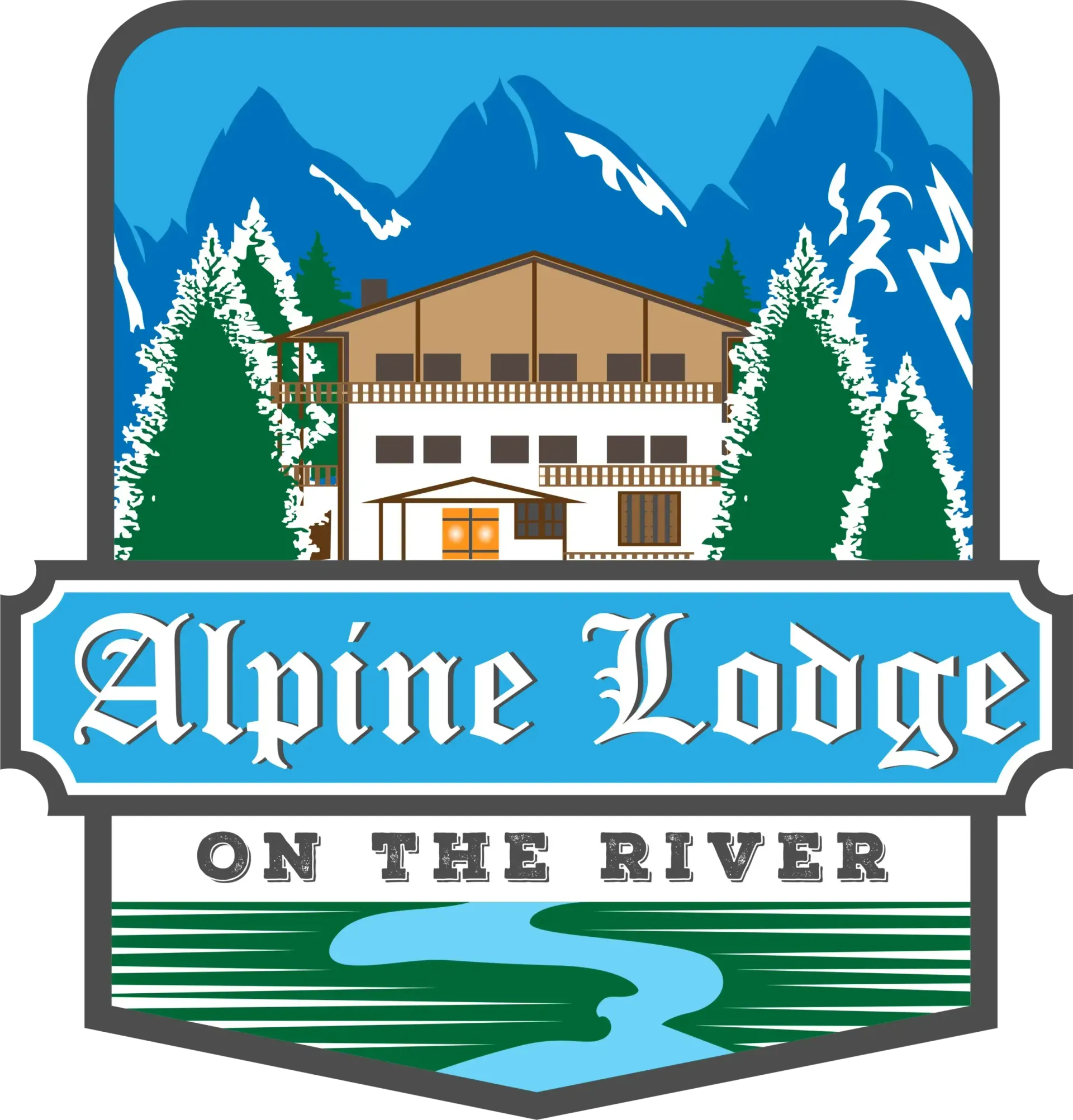 A logo for alpine lodge on the river