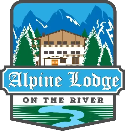 The logo for the alpine lodge on the river