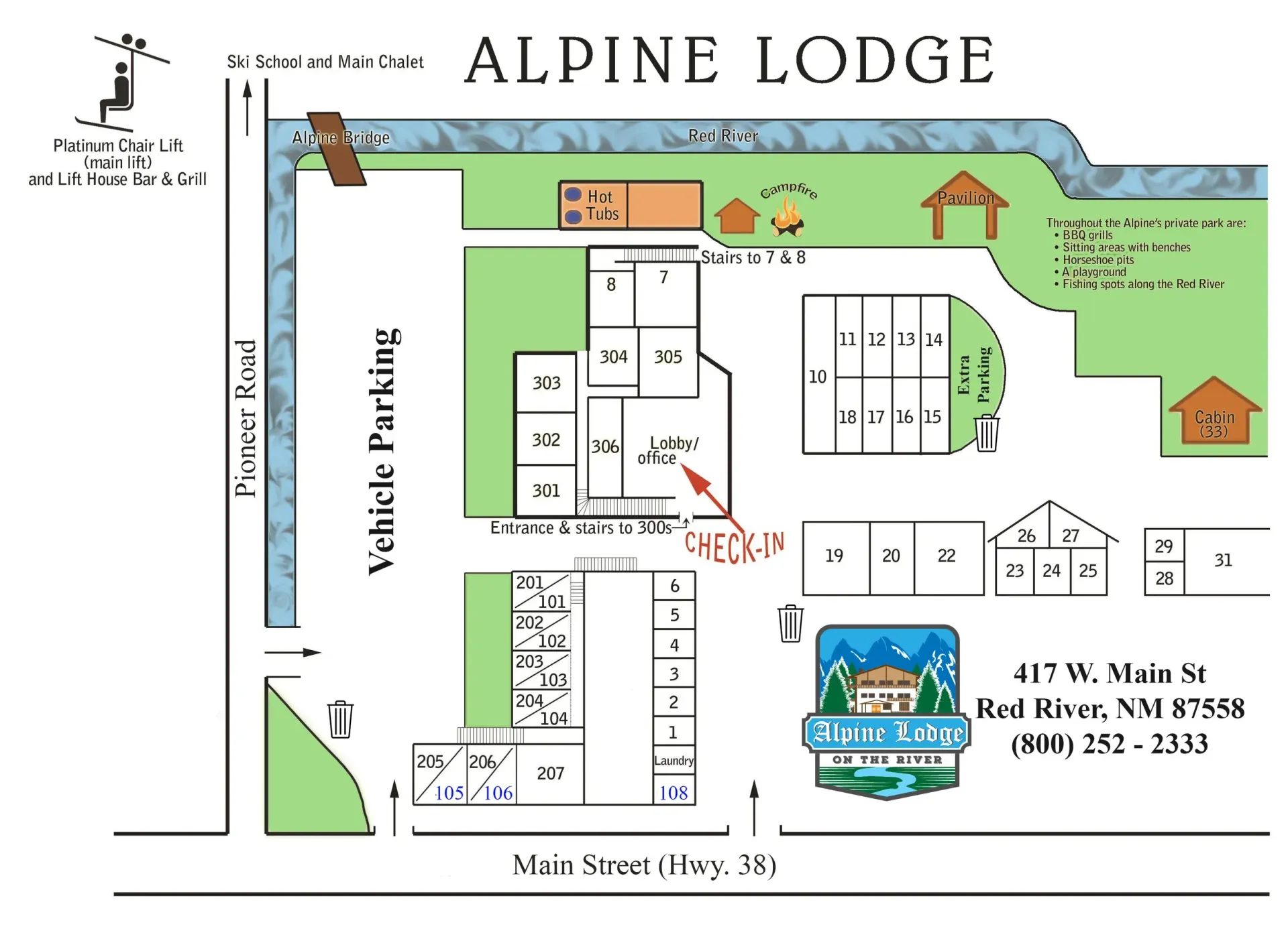 Map of Alpine Lodge with buildings, parking, and river.