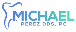 Logo for Michael Perez DDS, PC, featuring a tooth outline and text in blue and green.