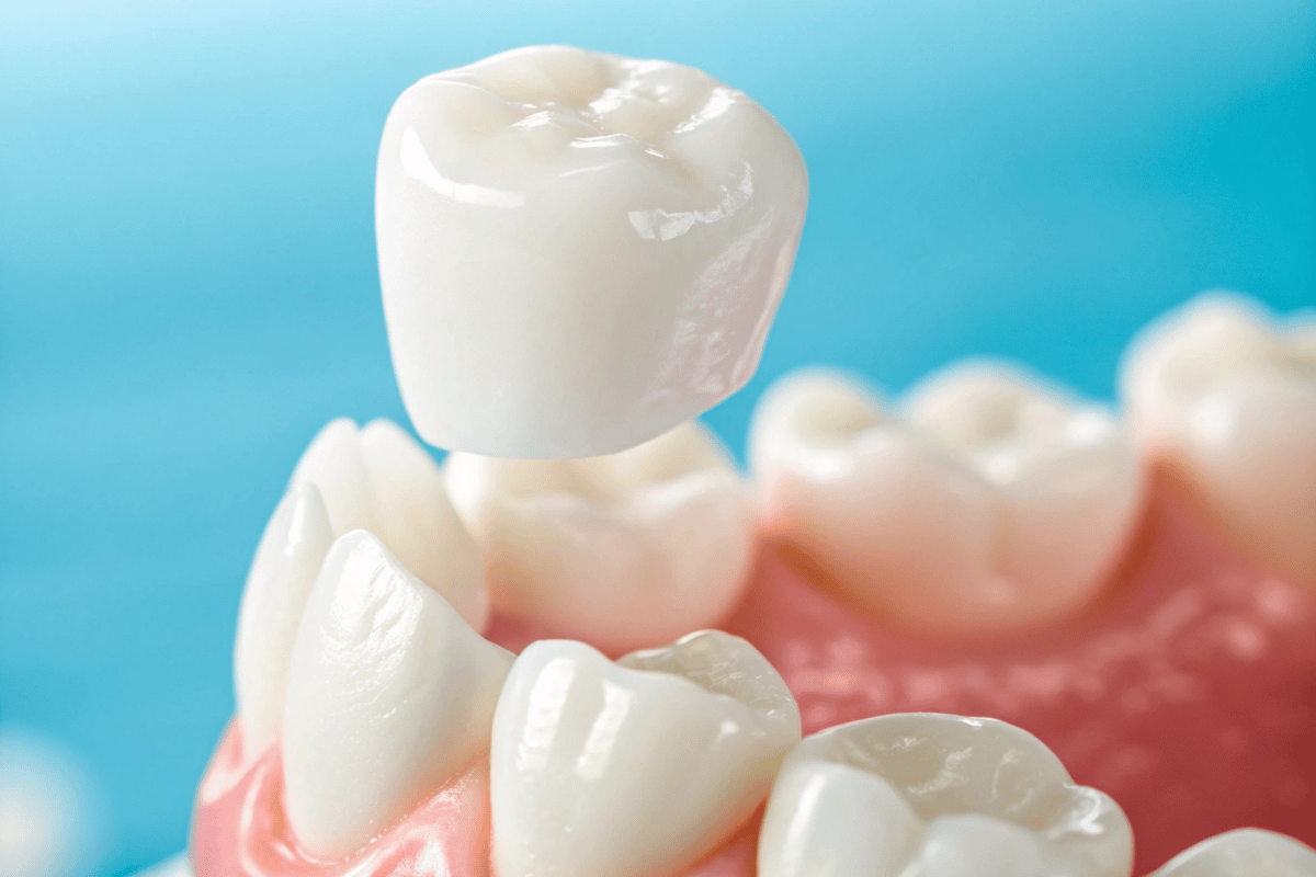Dental crown being placed on a tooth model. White porcelain crown above other teeth, blue background.