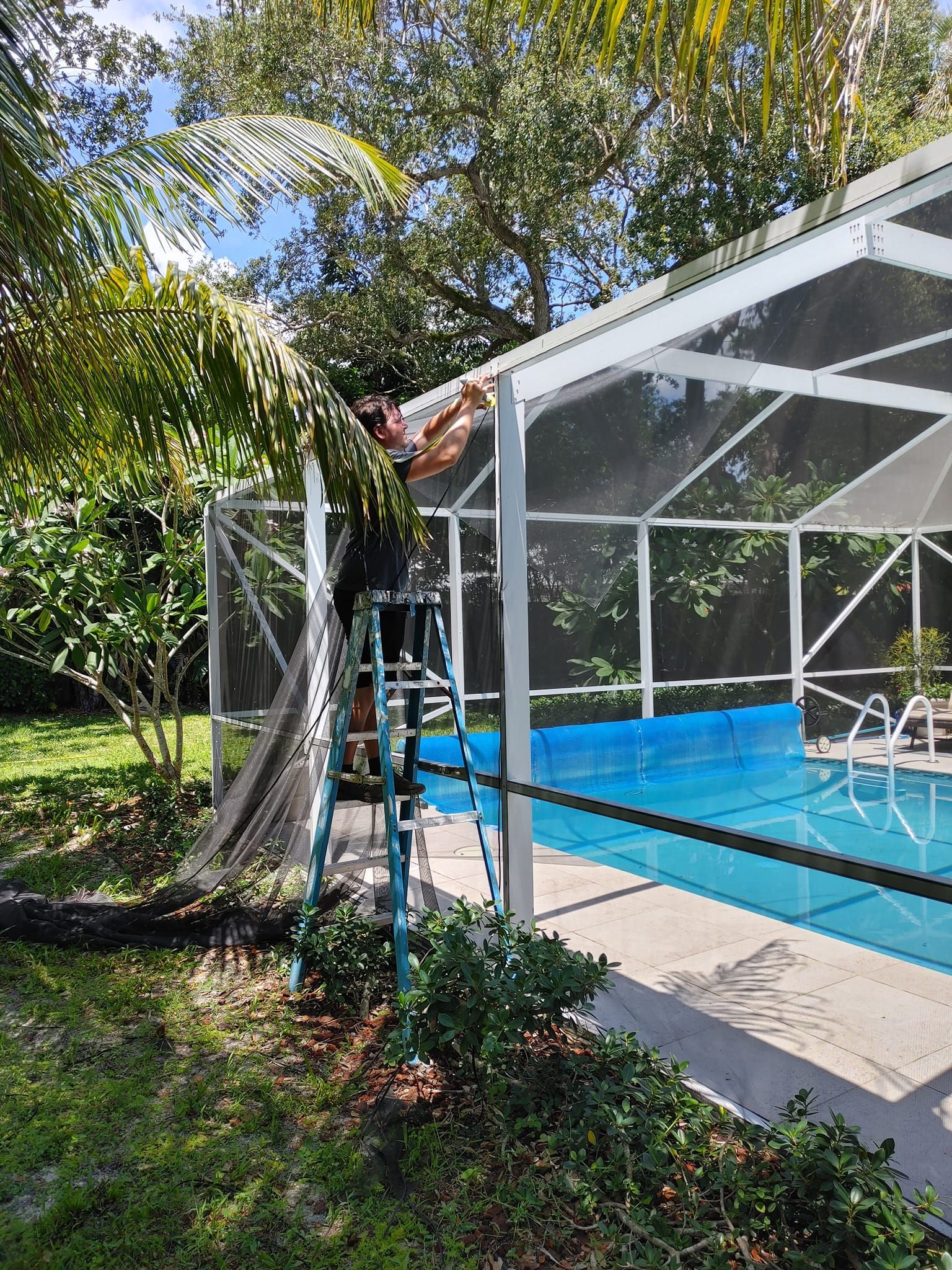 A man is standing on a ladder in front of a screened in pool.