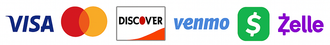 Logos for Visa, Mastercard, Discover, Venmo, Cash App, and Zelle payment methods.
