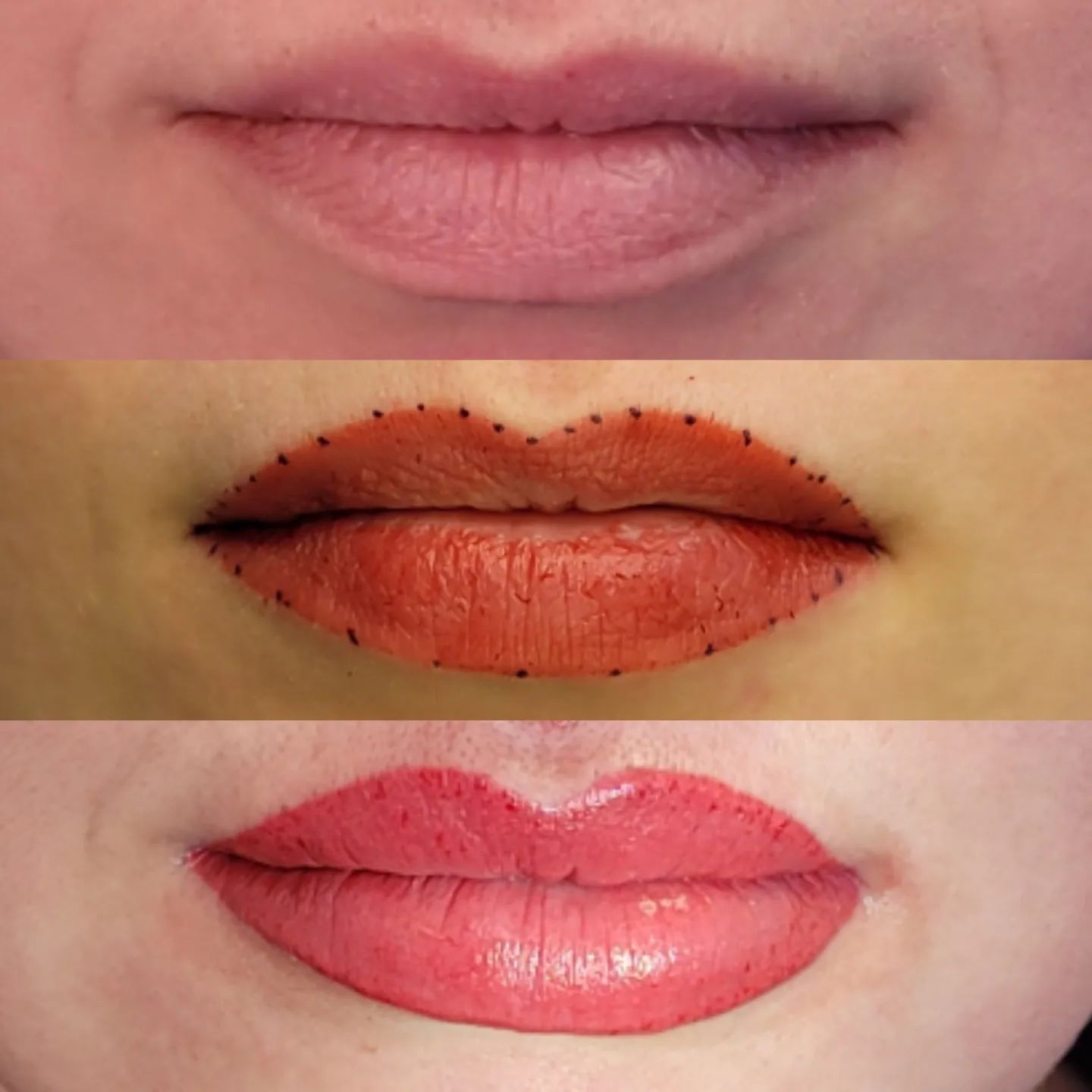 Three images of lips showing the stages of lip blush tattoo: natural lips, lips outlined with dots, and finished pink lips.