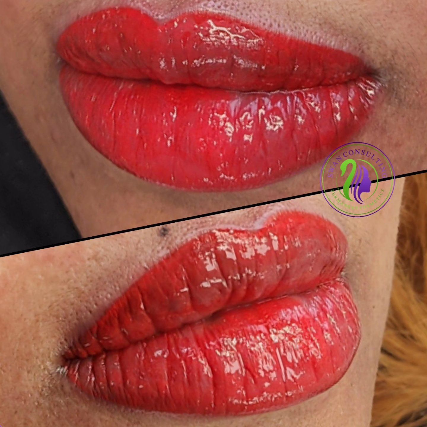 Close-up of two red, glossy lips. The top lip appears slightly more plump than the bottom.