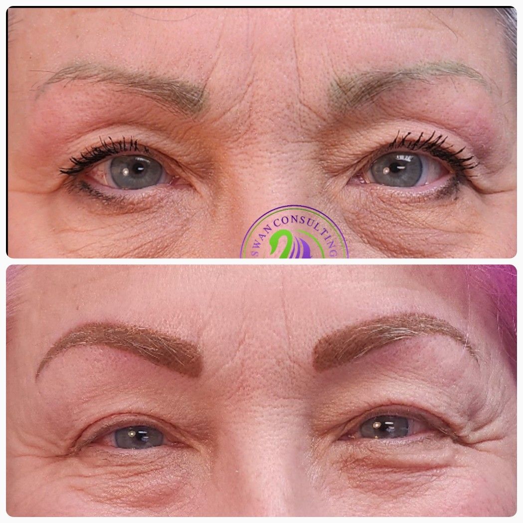 Top: woman's eyes with sparse, light eyebrows. Bottom: same eyes with darker, filled-in eyebrows.