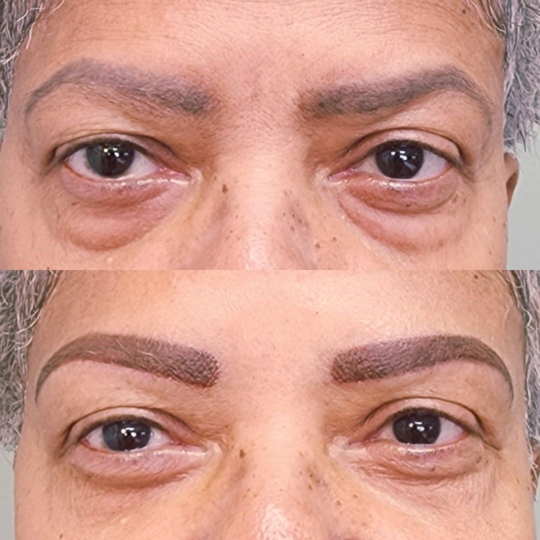 Before and after shots of a person's eyes and eyebrows. The lower image shows fuller, more defined eyebrows.