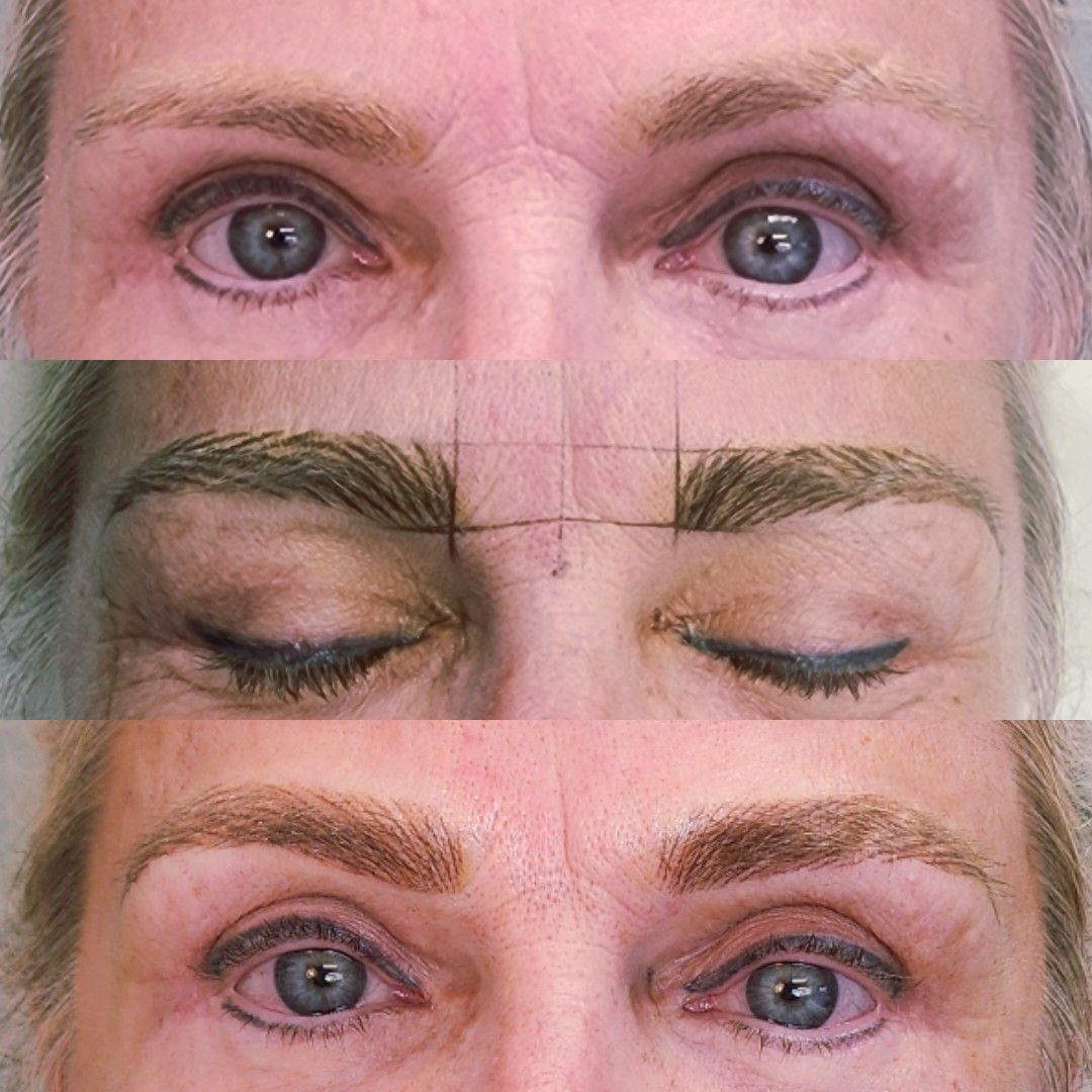 Sequence showing eyebrow transformation: before, with marking for microblading, and after with full, shaped brows.