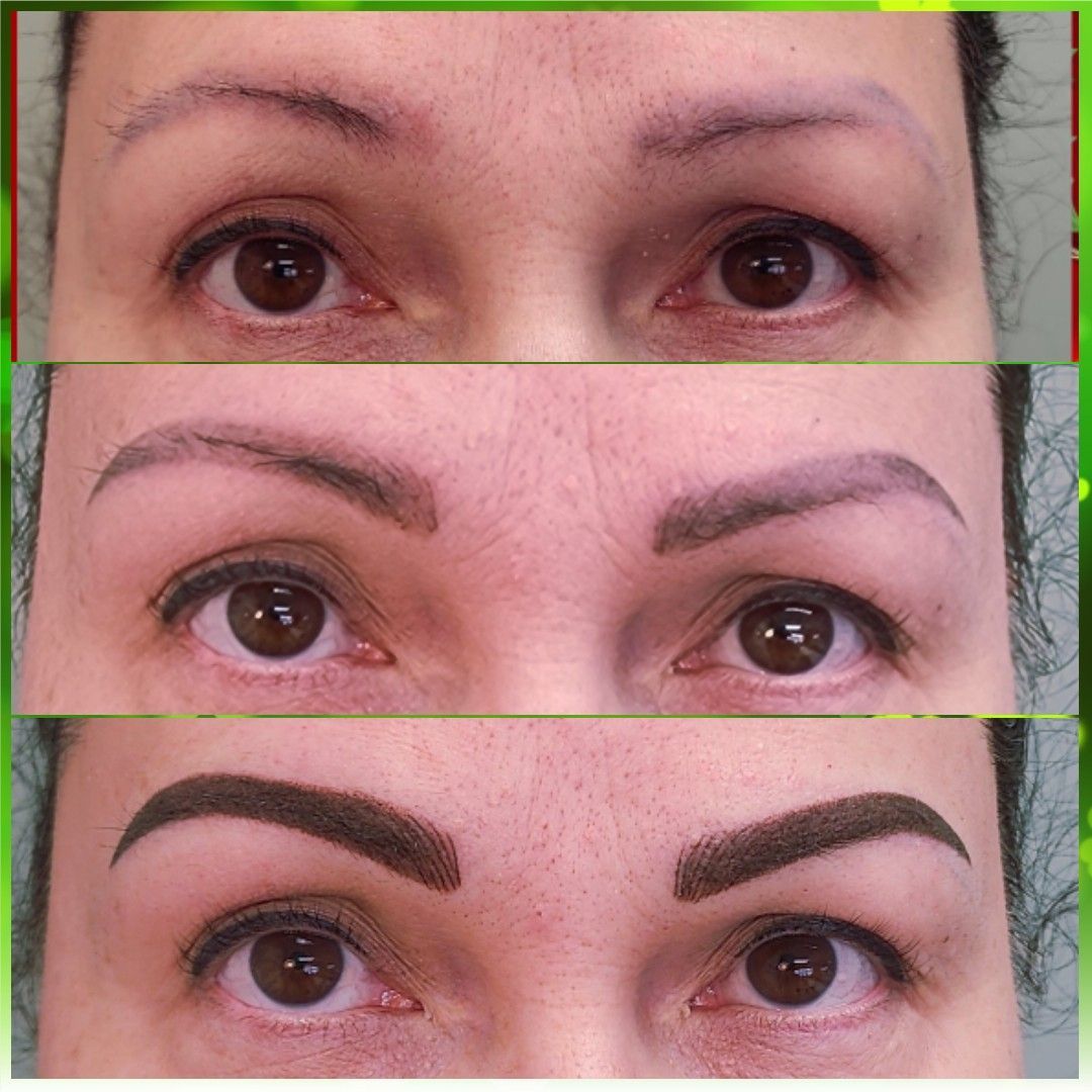 Three images show a woman's eyebrows before, during, and after a cosmetic