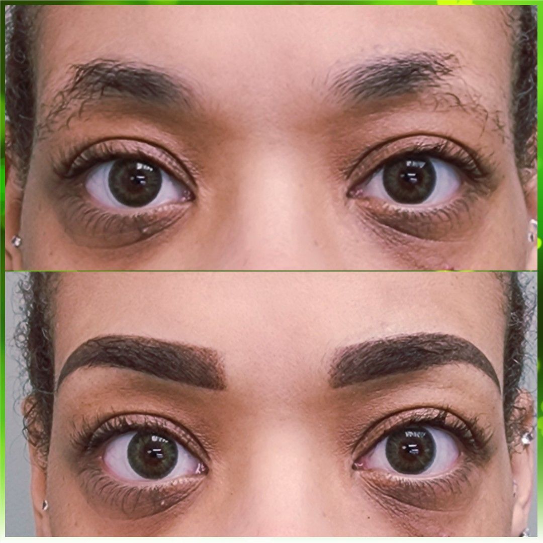 Top: Close-up of a person's eyes with sparse eyebrows. Bottom: Same eyes with fuller, darker, shaped eyebrows.