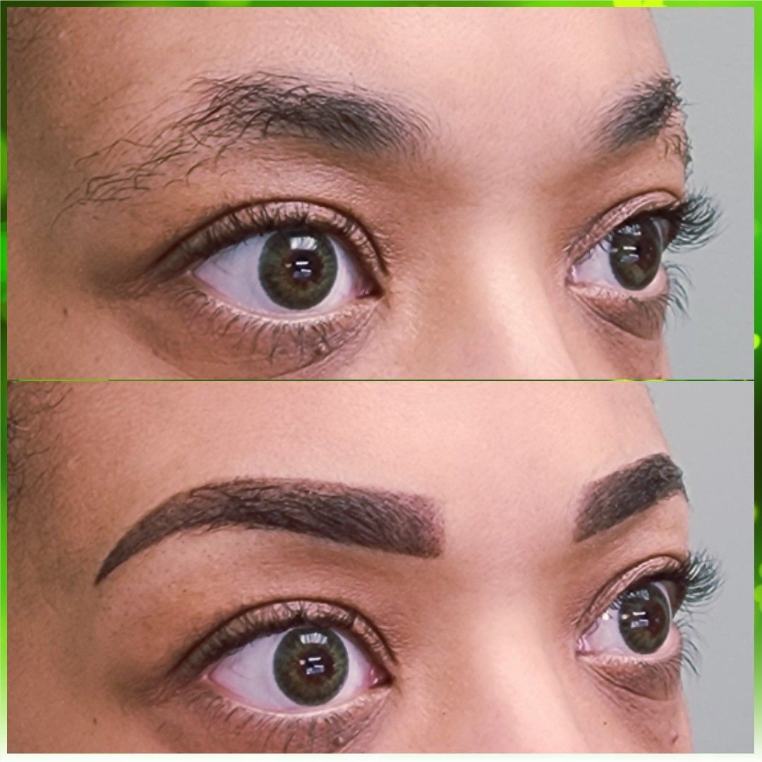 Before and after comparison of eyebrows. Top shows sparse brows, bottom shows filled-in, shaped brows, dark brown color.