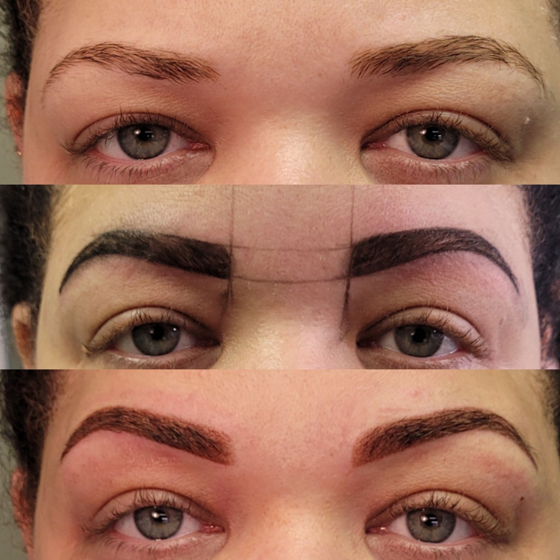 Sequence of eyebrow transformations: Before, stenciled design, and finished microbladed brows
