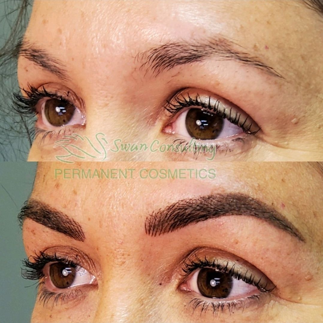 Before and after images of a woman's eyebrows. The