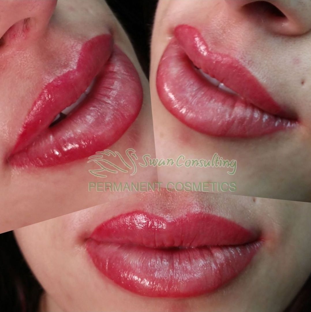 Close-up of a person's lips, with a permanent makeup lip blush in a pink shade. Three views display the glossy, full lips.