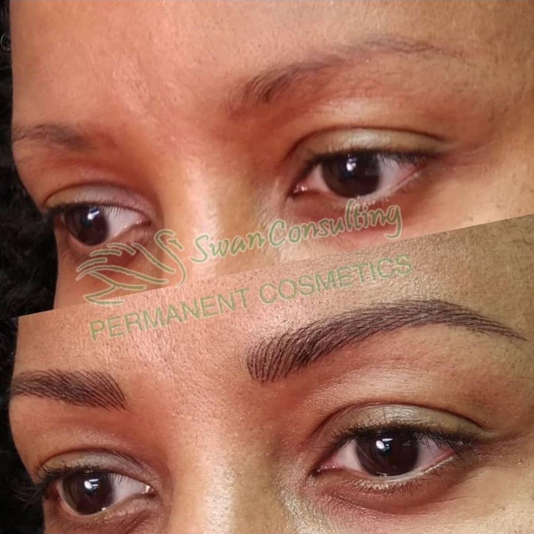 Before and after comparison of a woman's eyebrows, with sparse brows in the top half and filled