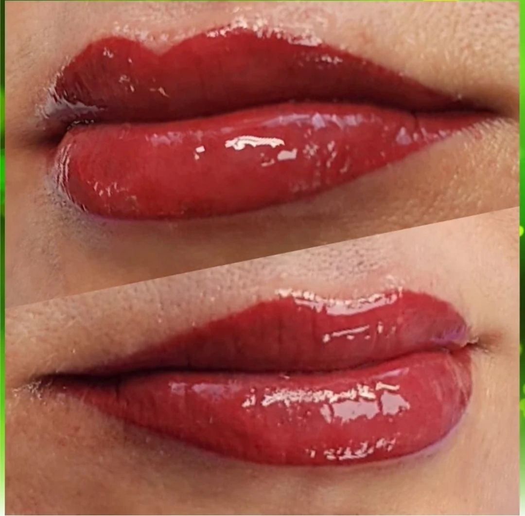 Close-up of glossy, reddish-brown lips.