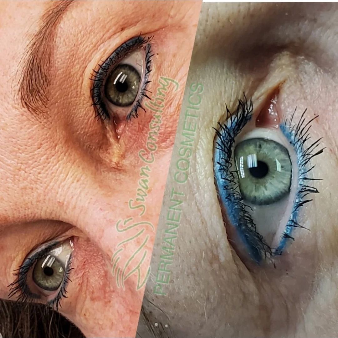 Two close-up photos of eyes with permanent eyeliner. One eye has black liner, the other has blue liner.