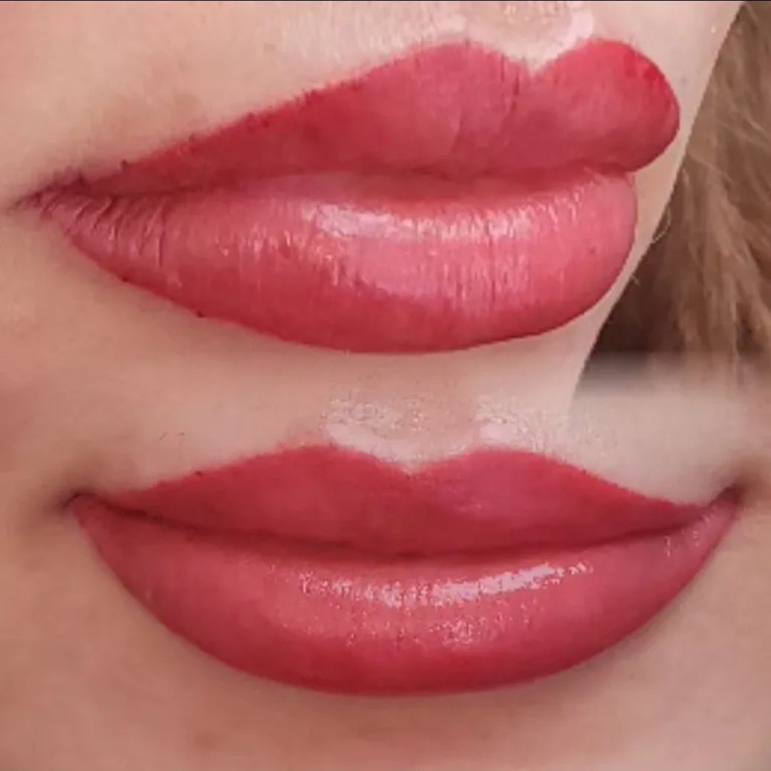 Close-up of two perspectives of plump, red-toned lips; likely permanent makeup.