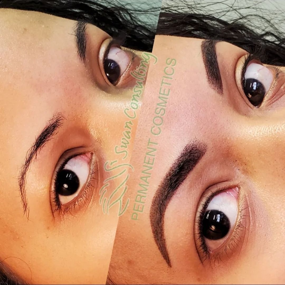 Close-up of a woman's eyes with permanent eyebrow makeup. One eyebrow is subtly filled, the other is darker and more defined.