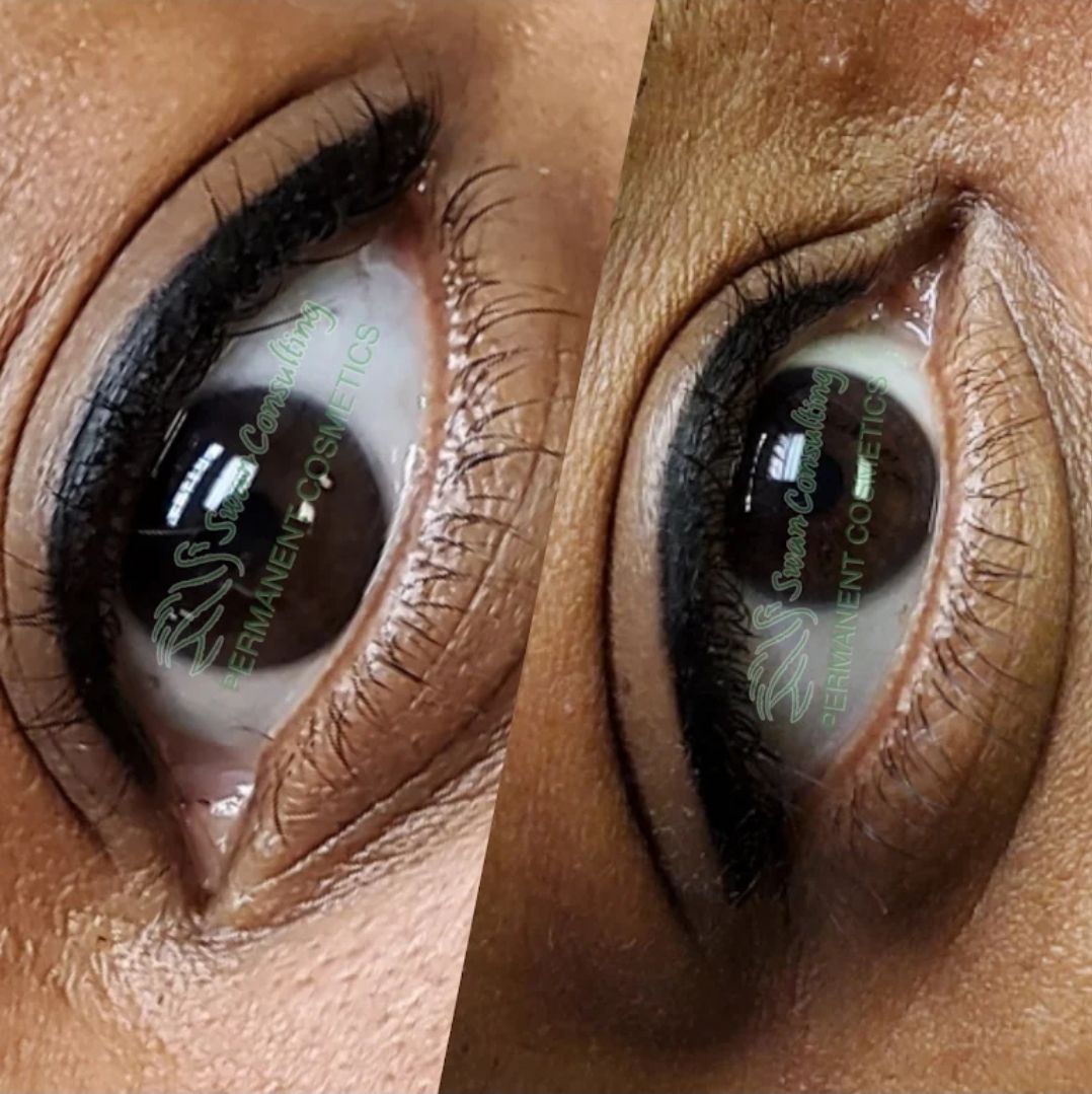 Two close-up shots of an eye with permanent eyeliner, showing before and after views. The eyeliner is a thick black line.