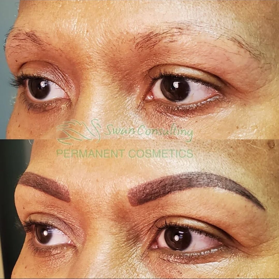 Before and after of a woman's eyebrows; top shows sparse brows, bottom shows filled-in, arched brows with dark pigment.