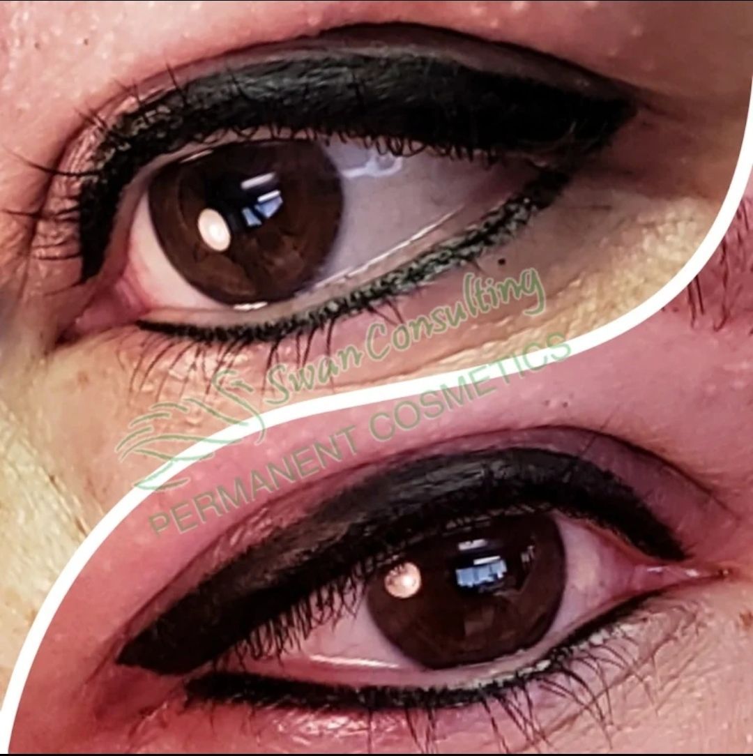Two brown eyes with permanent black eyeliner. Top eye has fresh, bold liner; the lower eye has settled liner.