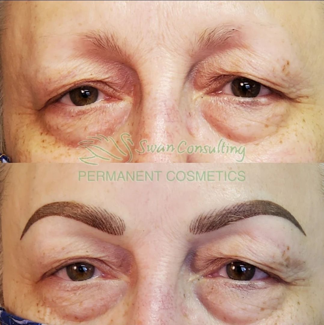 Before and after of a person's eyebrows. The top shows thin, faded brows; the bottom shows filled-in, darker, arched brows.