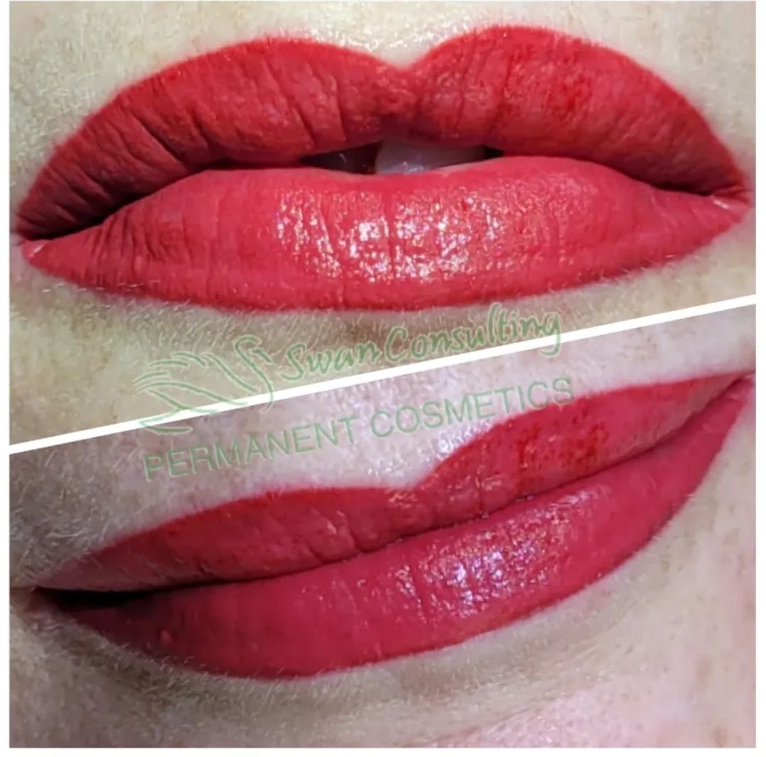 Two photos of lips with permanent makeup: top shows open lips, bottom shows lips closed; both are vibrant red.