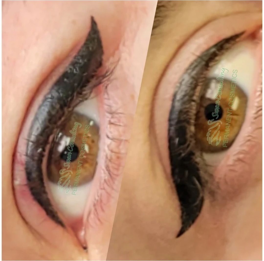 Two close-up photos showing eyes with permanent eyeliner