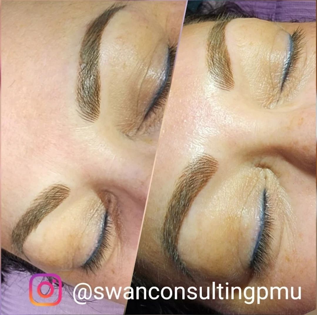 Two close-up views of a person's eyes with freshly done, powdered eyebrow tattoos in a shade of brown.