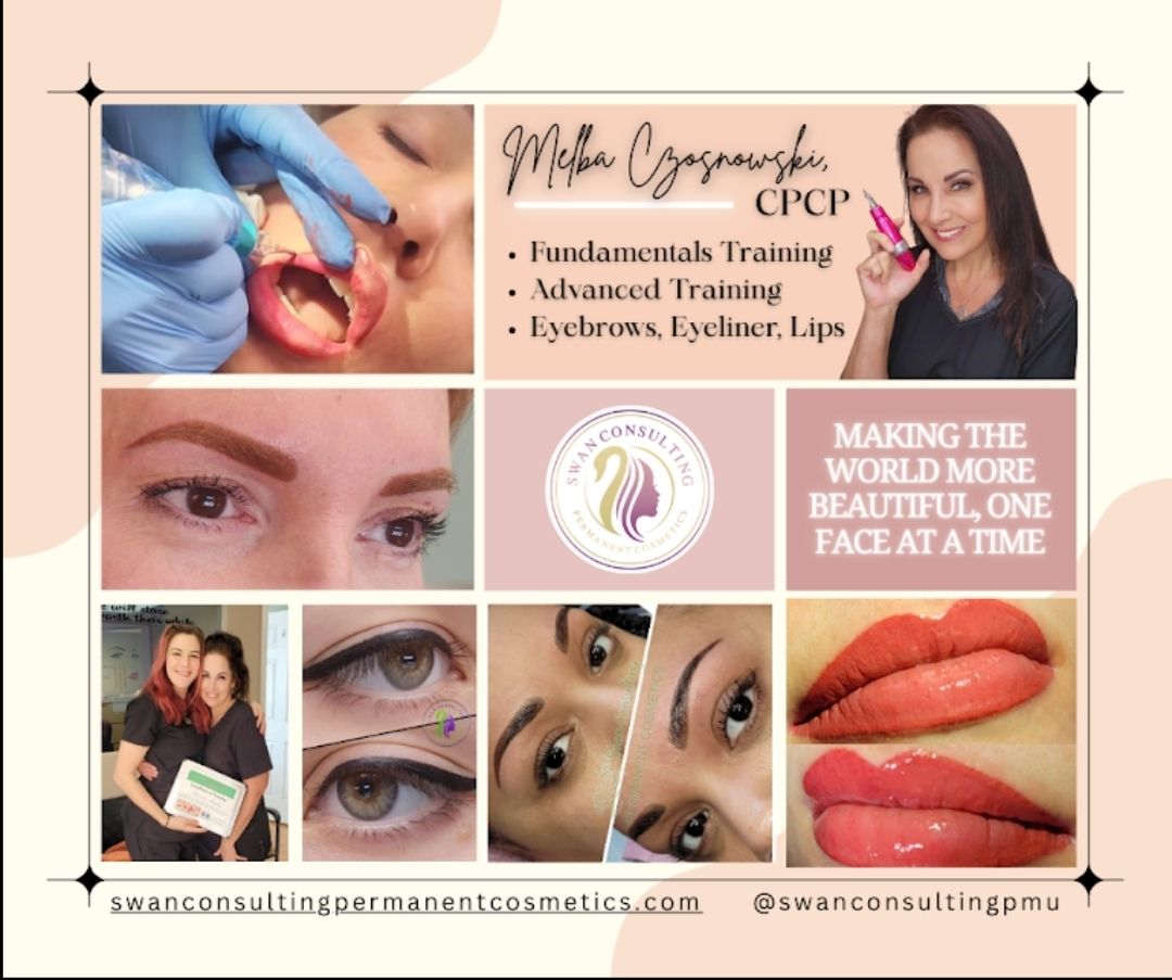 Advertisement for Meba Czasowska, CPCP, offering permanent makeup training. Features photos of cosmetics