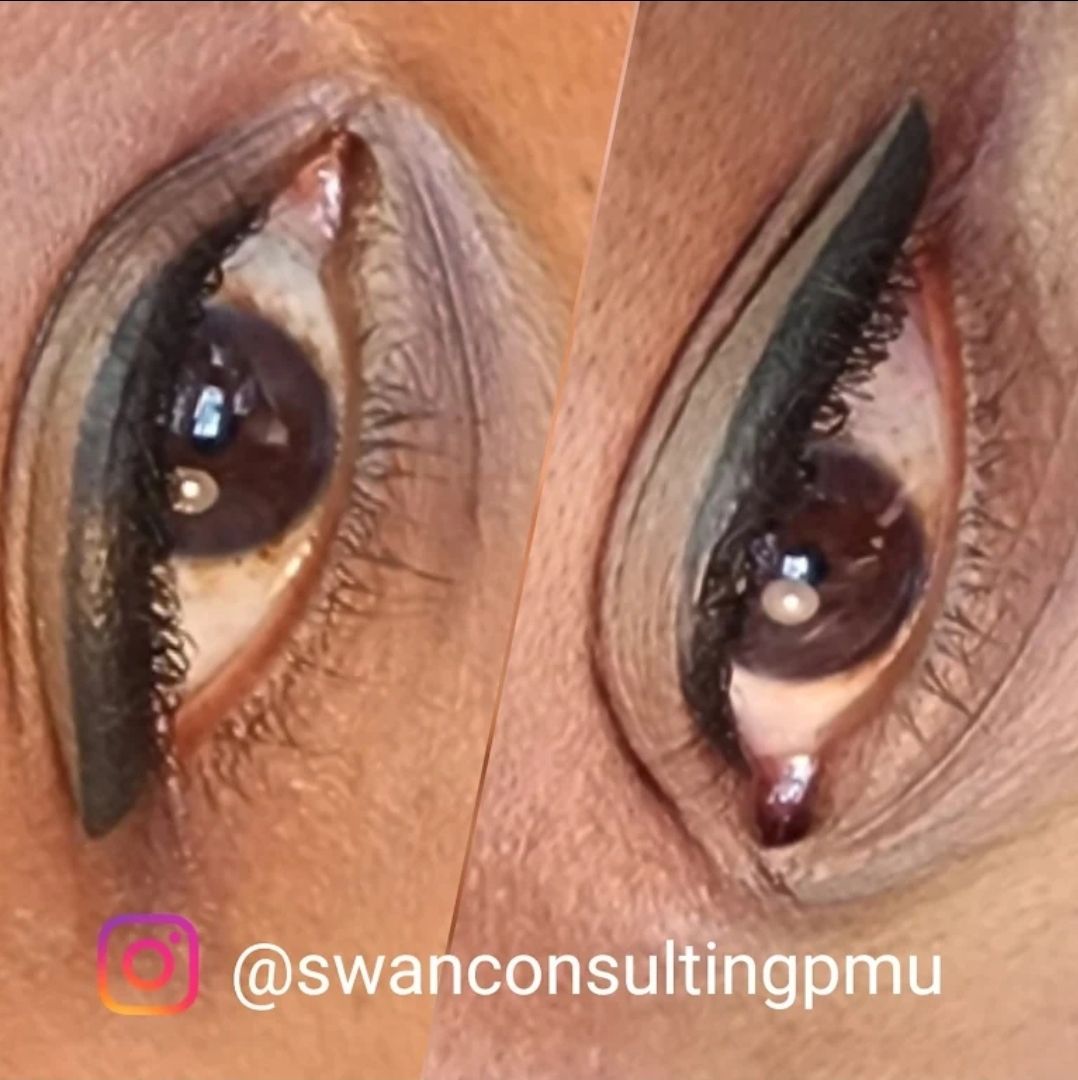 Two close-up photos show an eye with dark eyeliner, and a subtle wing. The person's brown eyes are the focal point.