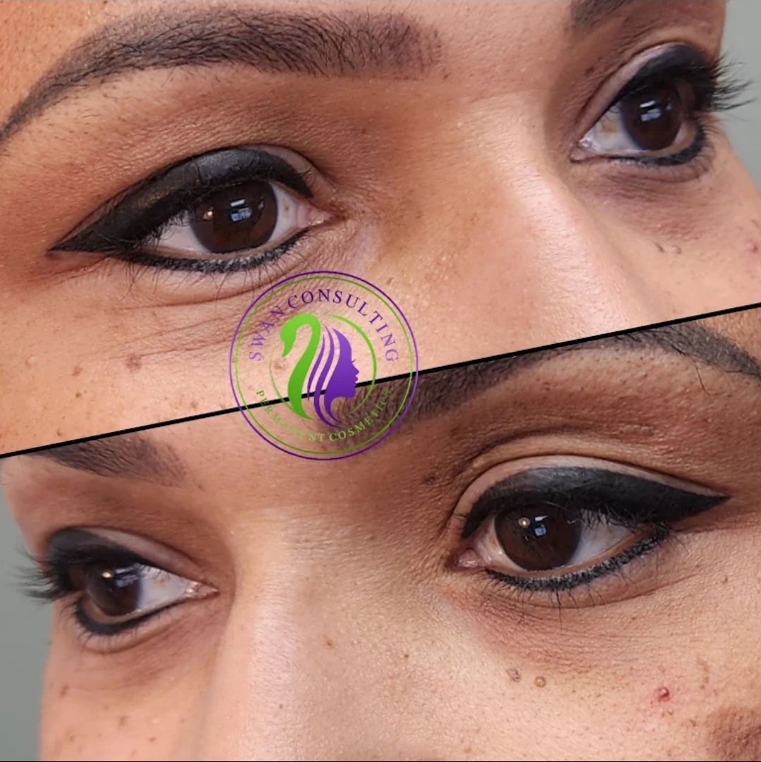 A split-screen comparison of a woman's eyes; the top