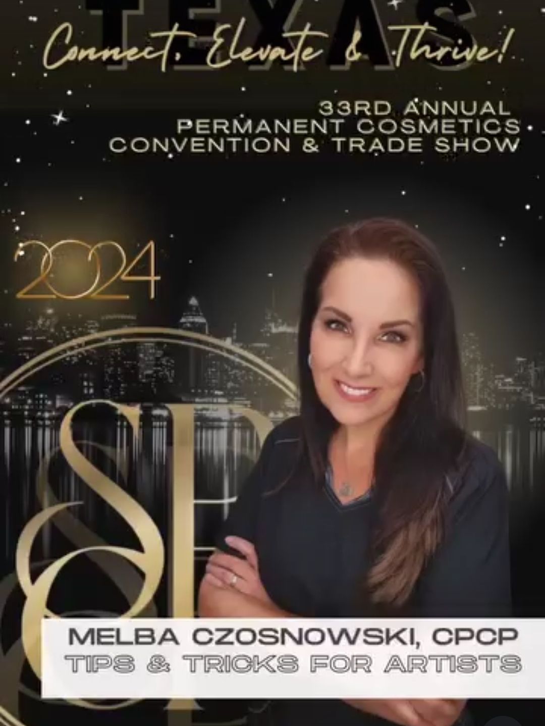A promotional poster for the 33rd Annual Permanent Cosmetics Convention & Trade Show in Texas, 2024.