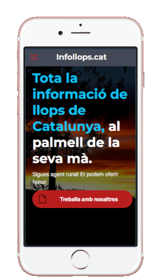  Es veu un mòbil, on té la pantalla blava, i al mig un text, que diu: Tota la informació de llops de Catalunya, al palmell de la seva mà.