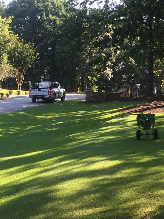 A truck is parked on a lush green lawn