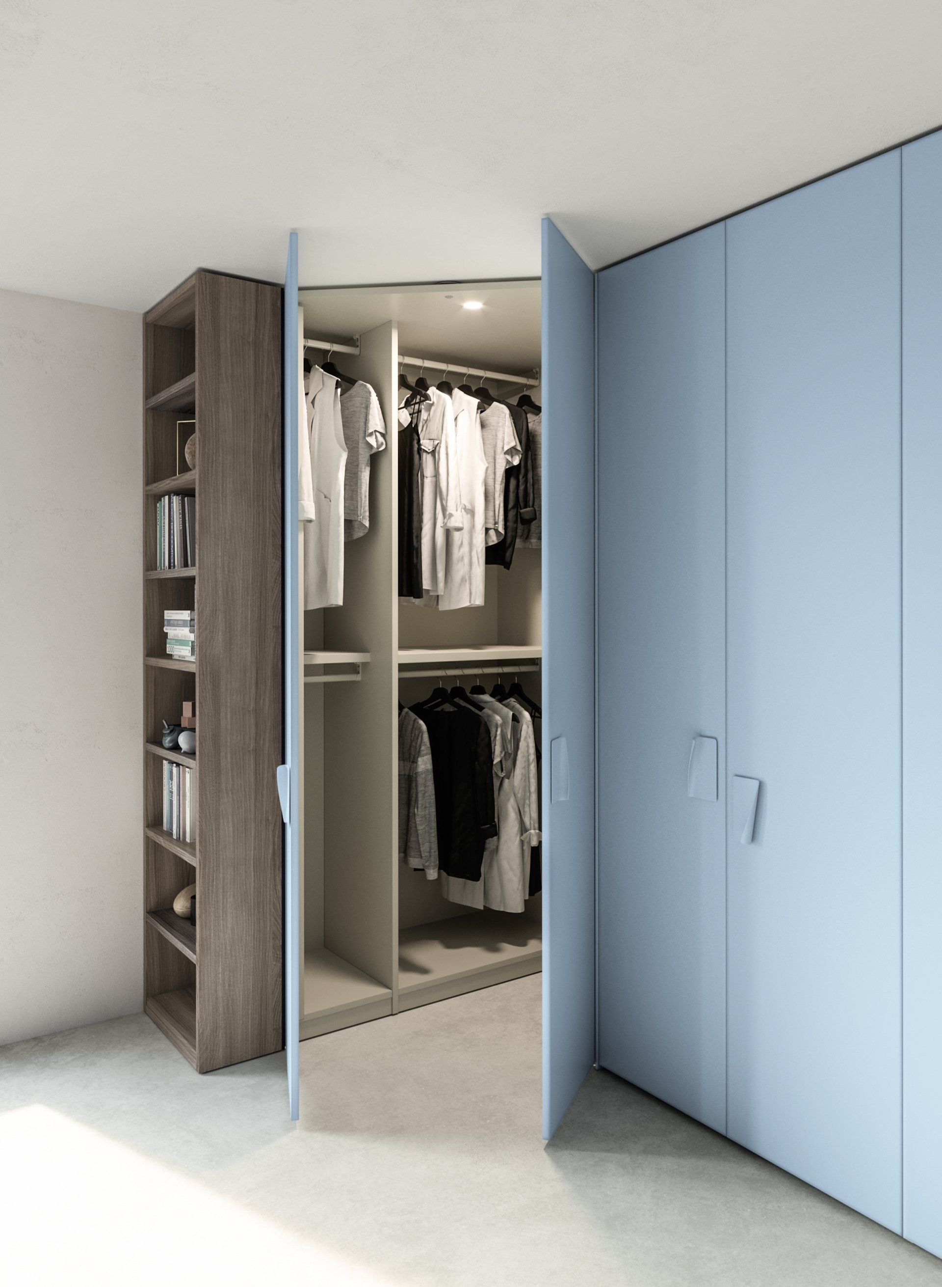 Dressing room, walking wardrobe. Bespoke dressing room, accessories organiser island and slightly tinted glass doors to display the lighting and clever storage