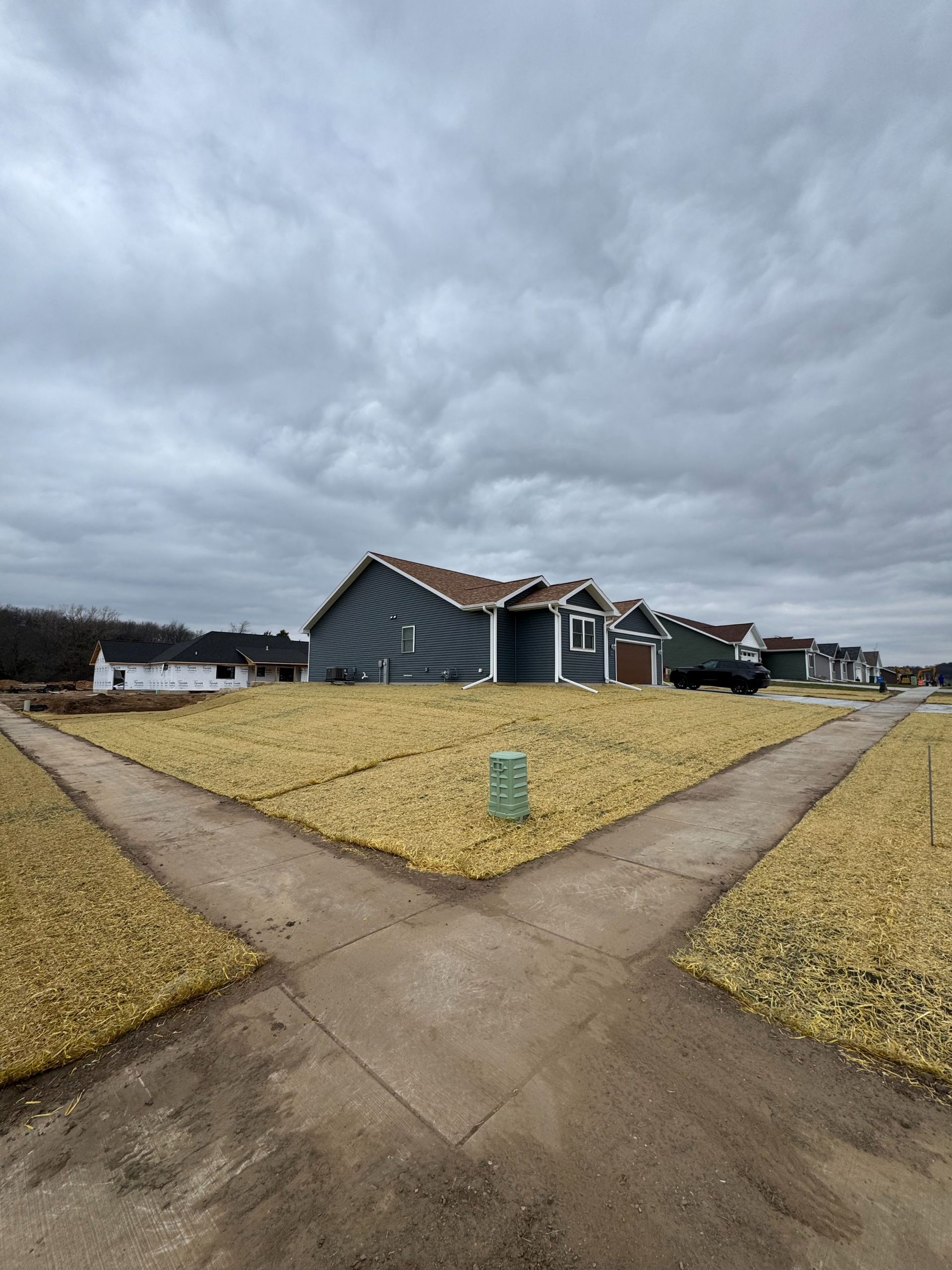 A corner street view of modern suburban houses with blue siding under a cloudy sky, surrounded by tan-colored lawns.